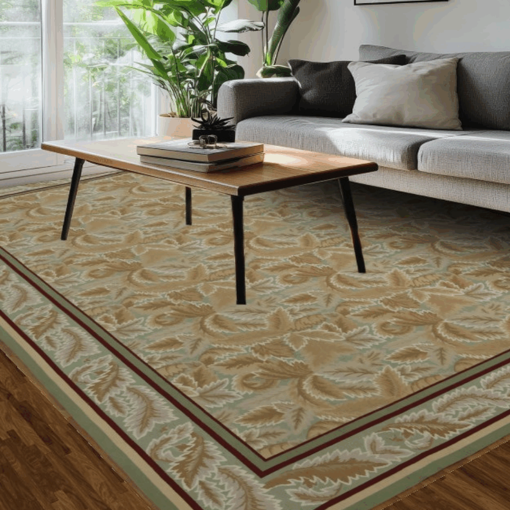 A close-up view of a vintage-style rug with rich red tones and intricate green and beige floral detailing, showing worn texture and classic design. A black banner overlays the center with the text “Click to view our inventory.”