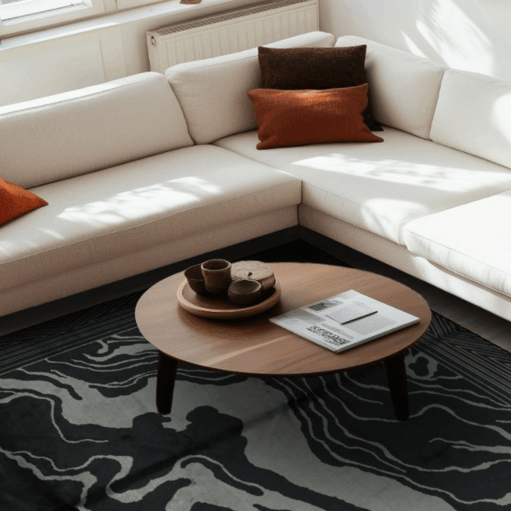 A sunlit living room with a cream sectional sofa, wooden coffee table, and decorative tray, set on a dark abstract rug. Natural light streams through the window, highlighting the clean, modern decor.